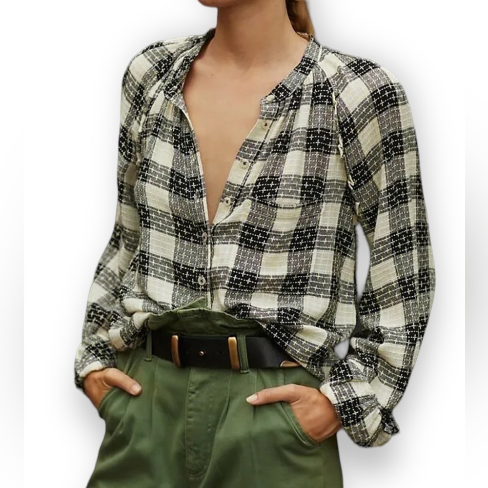 Anthropologie Pilcro Breezy Buttondown Black and White Plaid with Yellow Accents